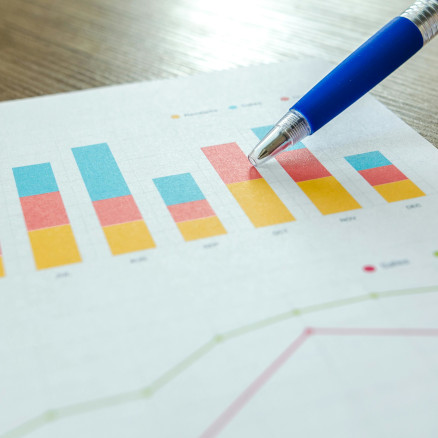 Pen pointing at colourful diagrams